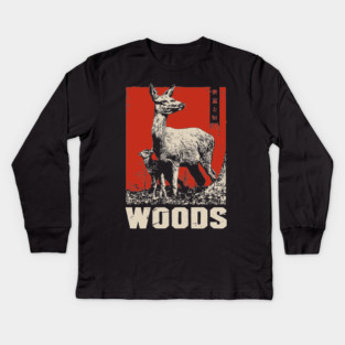 Vintage Deer and Baby in Forest Woods T-Shirt Kids Long Sleeve T-Shirt