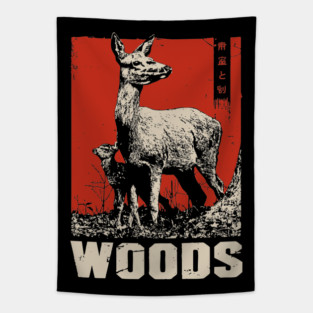 Vintage Deer and Baby in Forest Woods T-Shirt Tapestry