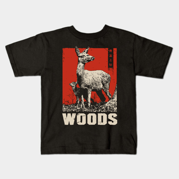 Vintage Deer and Baby in Forest Woods T-Shirt Kids T-Shirt by TuncGK