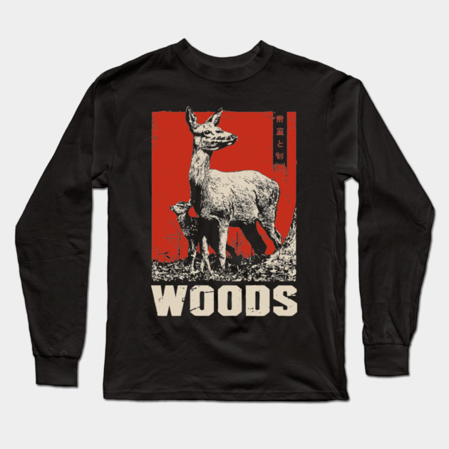 Vintage Deer and Baby in Forest Woods T-Shirt Long Sleeve T-Shirt by TuncGK
