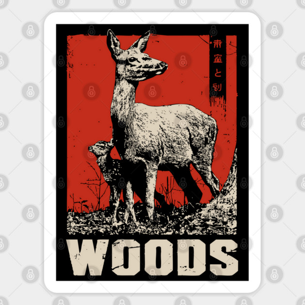 Vintage Deer and Baby in Forest Woods T-Shirt Sticker by TuncGK