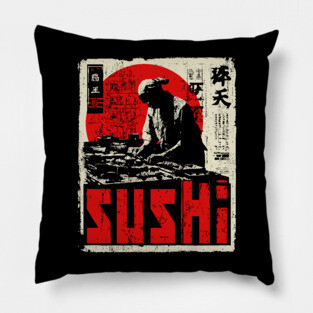 Vintage Japanese Sushi Chef Red Sun Art T-Shirt Pillow