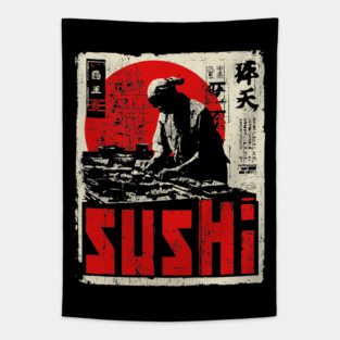 Vintage Japanese Sushi Chef Red Sun Art T-Shirt Tapestry