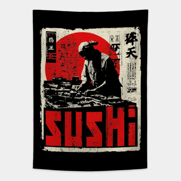 Vintage Japanese Sushi Chef Red Sun Art T-Shirt Tapestry by TuncGK
