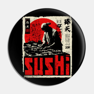 Vintage Japanese Sushi Chef Red Sun Art T-Shirt Pin