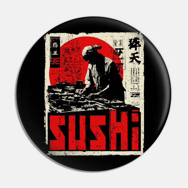 Vintage Japanese Sushi Chef Red Sun Art T-Shirt Pin by TuncGK