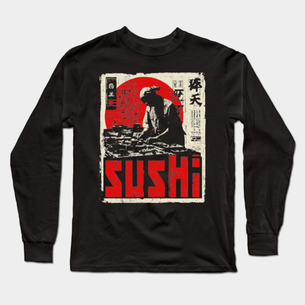 Vintage Japanese Sushi Chef Red Sun Art T-Shirt Long Sleeve T-Shirt by TuncGK