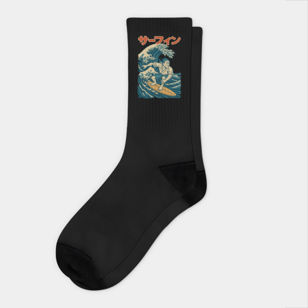 Surf Samurai Ukiyo-e Style Design Socks by Designed By Marty
