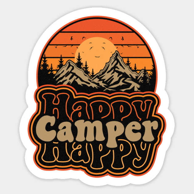 Happy Camper – Retro Mountain Sunset Sticker by Designed By Marty