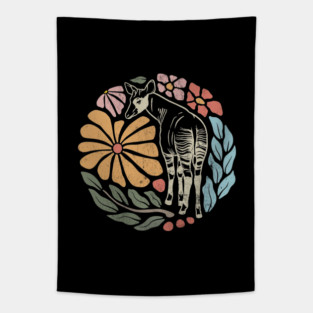 Vintage Okapi - Retro Floral Forest Giraffe Tapestry