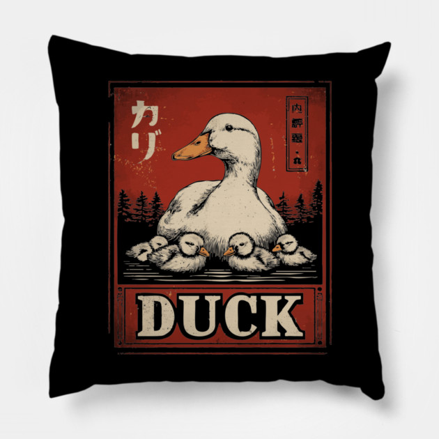 Mother Duck and her Ducklings - Ukiyo-e Style Pillow by TuncGK