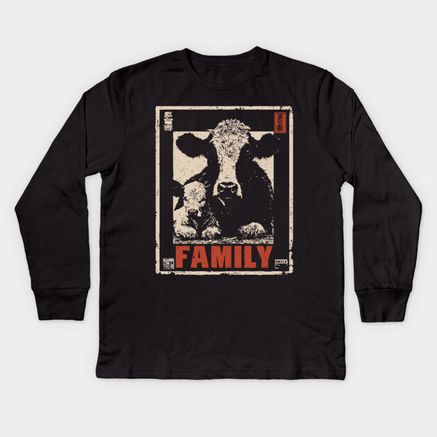 Cow and her Baby Calf - Ukiyo-e Style Kids Long Sleeve T-Shirt by TuncGK