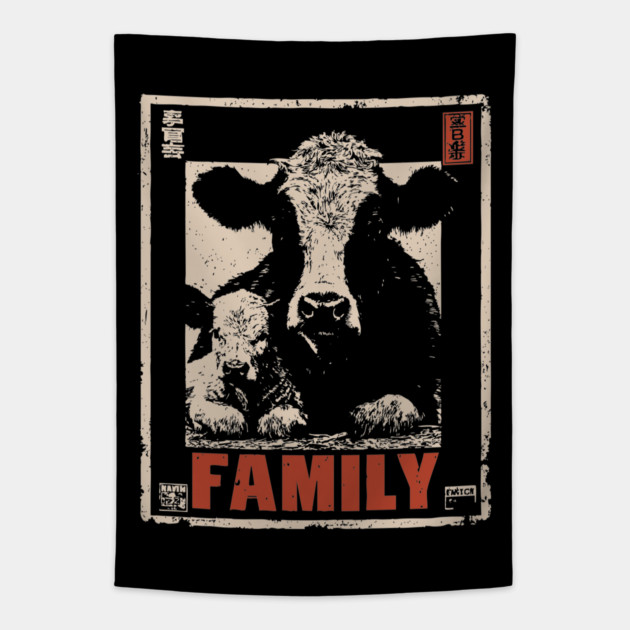 Cow and her Baby Calf - Ukiyo-e Style Tapestry by TuncGK
