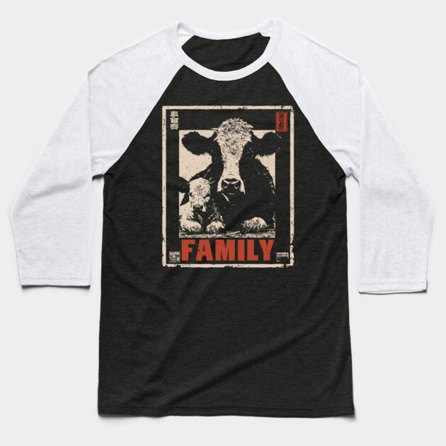 Cow and her Baby Calf - Ukiyo-e Style Baseball T-Shirt by TuncGK