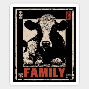 Cow and her Baby Calf - Ukiyo-e Style Sticker