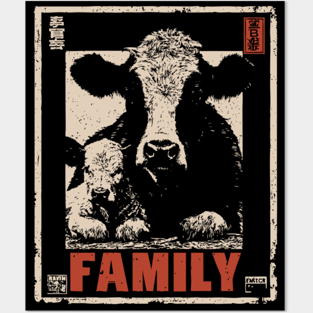 Cow and her Baby Calf - Ukiyo-e Style Wall Art by TuncGK