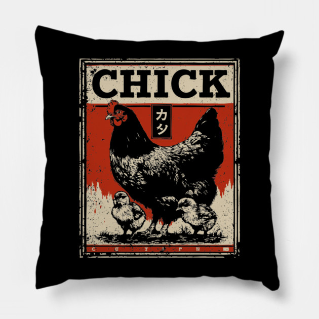 Chicken & her Baby Chicks - Ukiyo-e Style Pillow by TuncGK