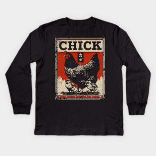 Chicken & her Baby Chicks - Ukiyo-e Style Kids Long Sleeve T-Shirt