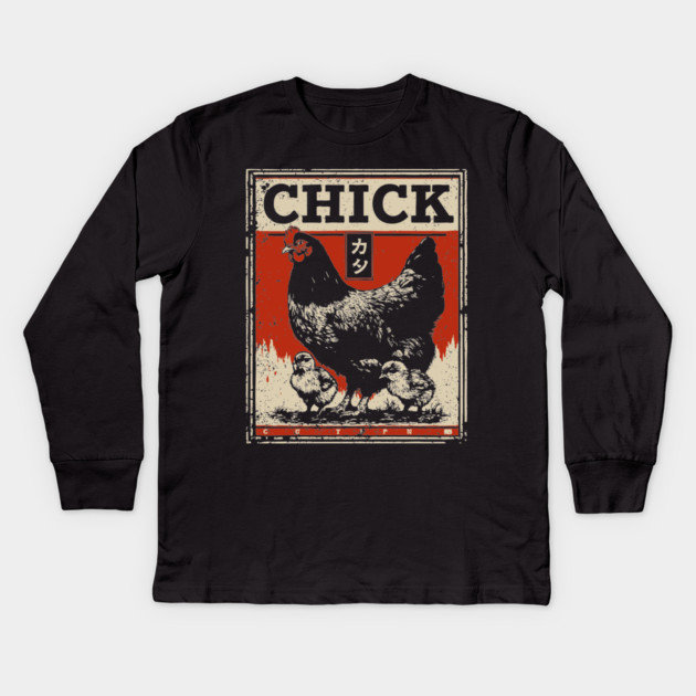 Chicken & her Baby Chicks - Ukiyo-e Style Kids Long Sleeve T-Shirt by TuncGK