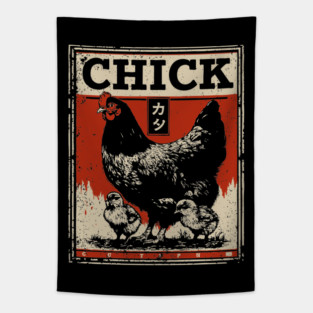 Chicken & her Baby Chicks - Ukiyo-e Style Tapestry