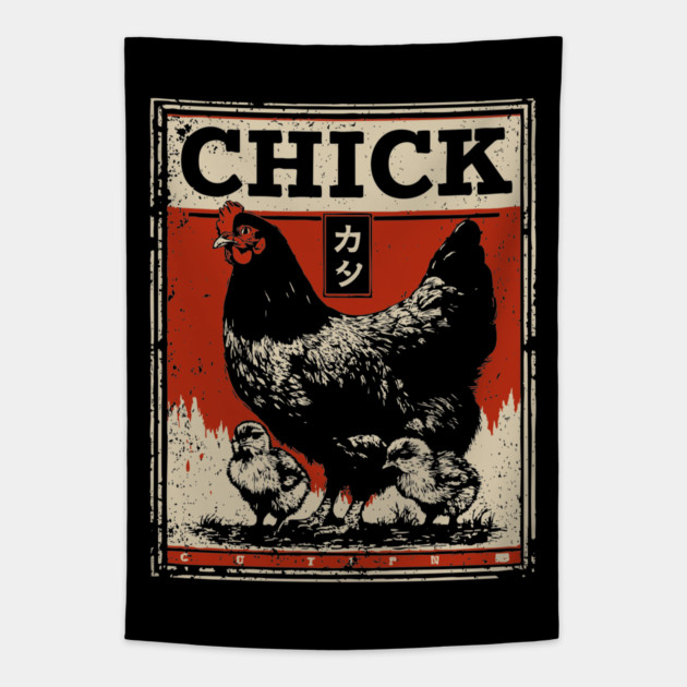 Chicken & her Baby Chicks - Ukiyo-e Style Tapestry by TuncGK