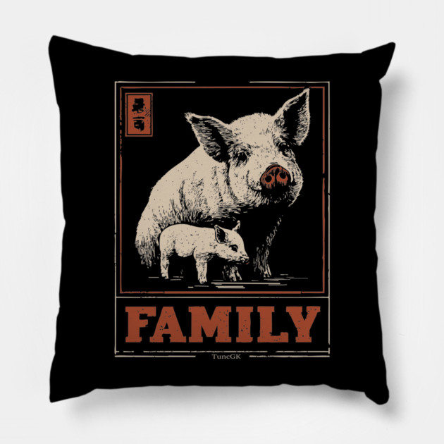 Pig Family - Japanese Woodblock Print Pillow by TuncGK