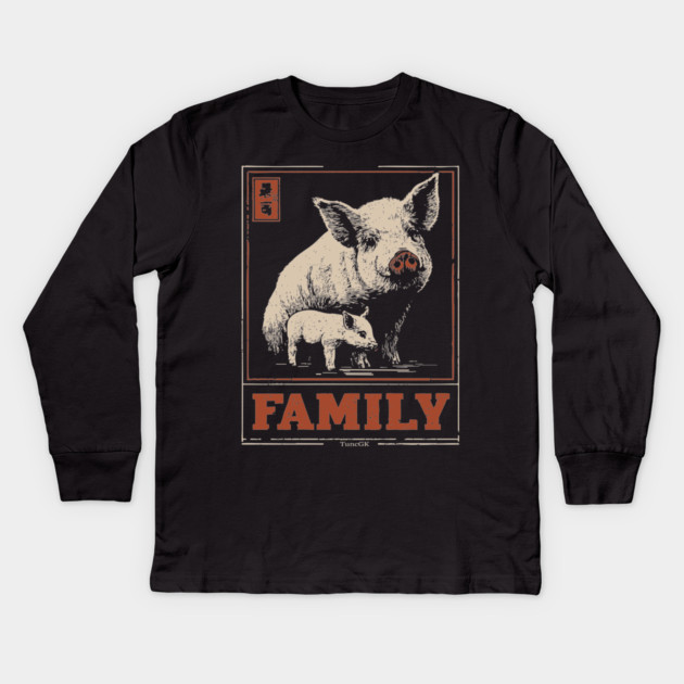 Pig Family - Japanese Woodblock Print Kids Long Sleeve T-Shirt by TuncGK