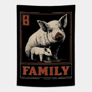 Pig Family - Japanese Woodblock Print Tapestry
