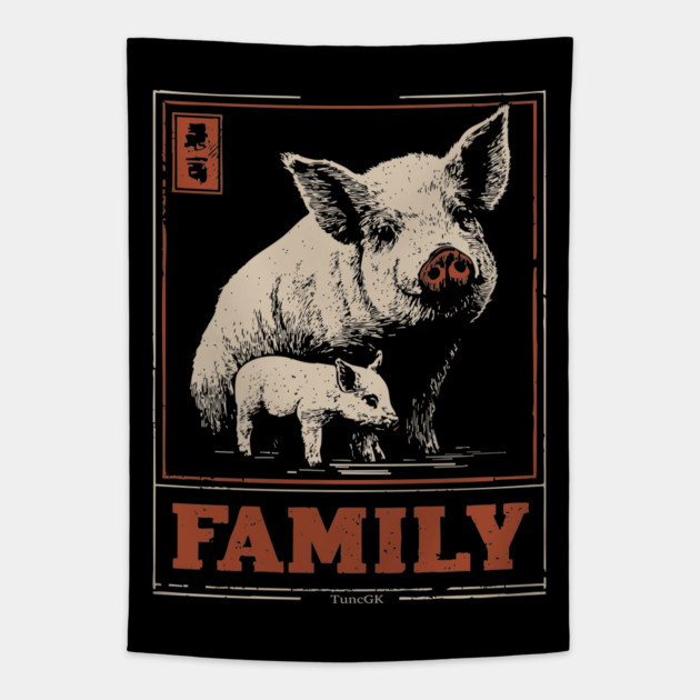 Pig Family - Japanese Woodblock Print Tapestry by TuncGK