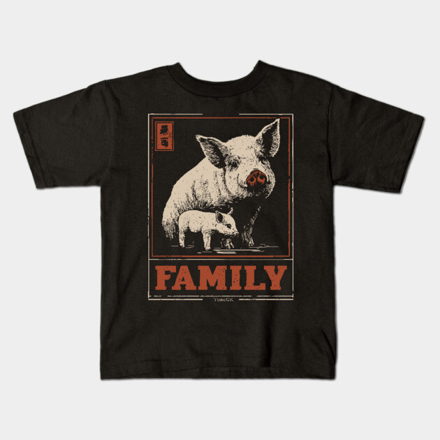 Pig Family - Japanese Woodblock Print Kids T-Shirt by TuncGK