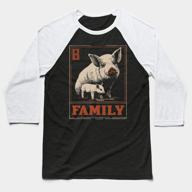 Pig Family - Japanese Woodblock Print Baseball T-Shirt by TuncGK