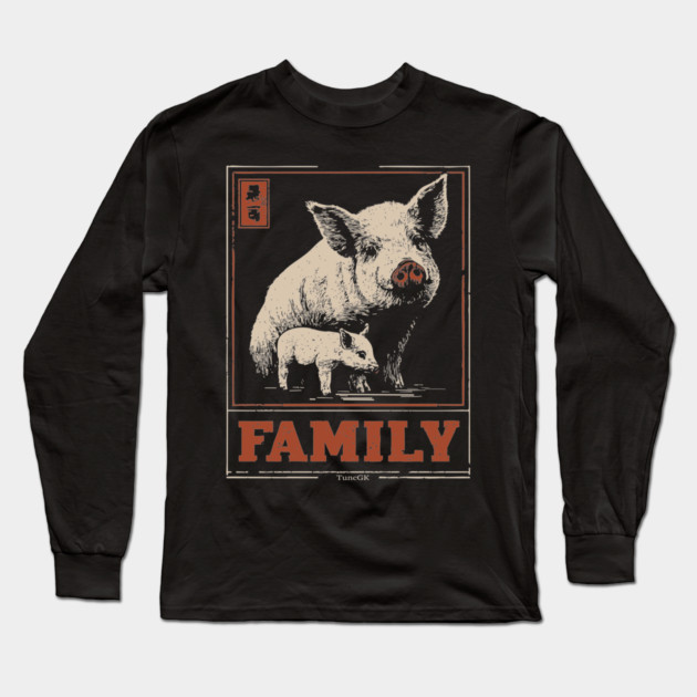 Pig Family - Japanese Woodblock Print Long Sleeve T-Shirt by TuncGK