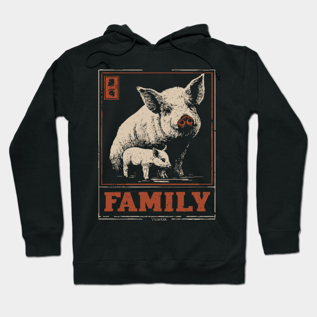 Pig Family - Japanese Woodblock Print Hoodie by TuncGK