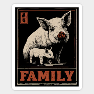 Pig Family - Japanese Woodblock Print Sticker