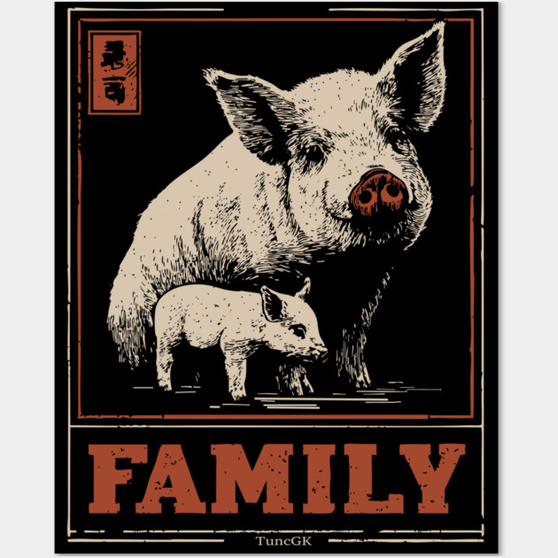Pig Family - Japanese Woodblock Print Wall Art by TuncGK