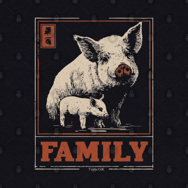 Pig Family - Japanese Woodblock Print by TuncGK