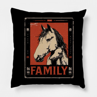 Horse Family - Rustic Vintage Ukiyo-e Design Pillow