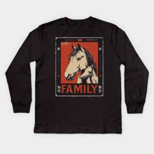 Horse Family - Rustic Vintage Ukiyo-e Design Kids Long Sleeve T-Shirt