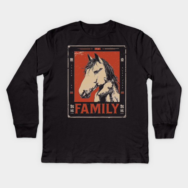 Horse Family - Rustic Vintage Ukiyo-e Design Kids Long Sleeve T-Shirt by TuncGK