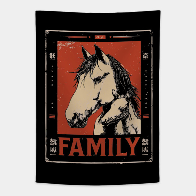 Horse Family - Rustic Vintage Ukiyo-e Design Tapestry by TuncGK