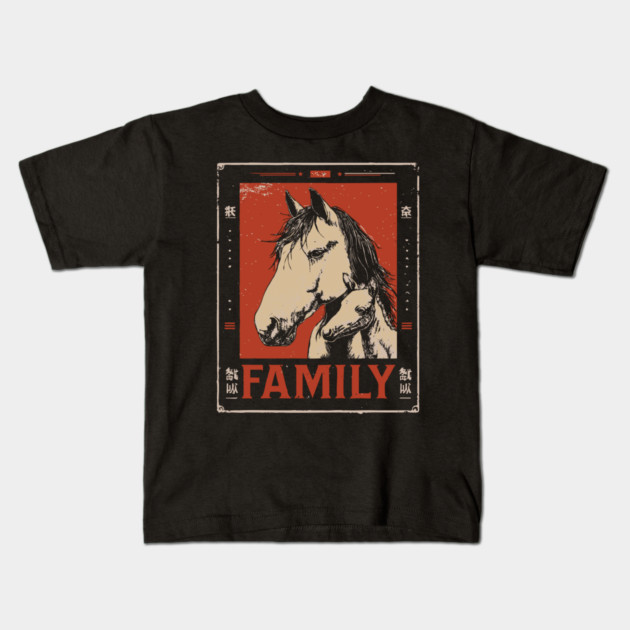 Horse Family - Rustic Vintage Ukiyo-e Design Kids T-Shirt by TuncGK