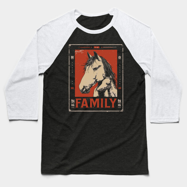 Horse Family - Rustic Vintage Ukiyo-e Design Baseball T-Shirt by TuncGK