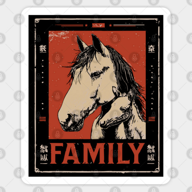 Horse Family - Rustic Vintage Ukiyo-e Design Sticker by TuncGK