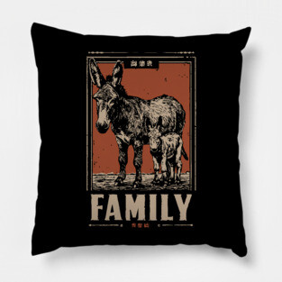 Donkey Family - Rustic Vintage Ukiyo-e Style Pillow