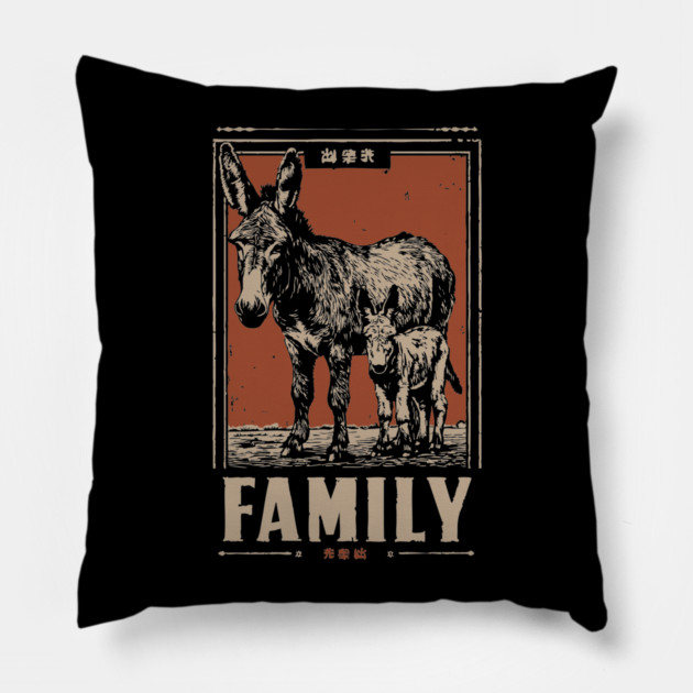 Donkey Family - Rustic Vintage Ukiyo-e Style Pillow by TuncGK