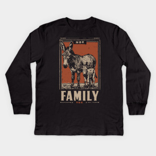 Donkey Family - Rustic Vintage Ukiyo-e Style Kids Long Sleeve T-Shirt