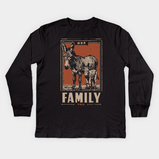 Donkey Family - Rustic Vintage Ukiyo-e Style Kids Long Sleeve T-Shirt by TuncGK