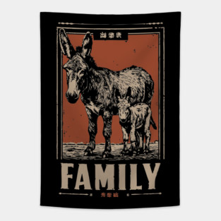 Donkey Family - Rustic Vintage Ukiyo-e Style Tapestry