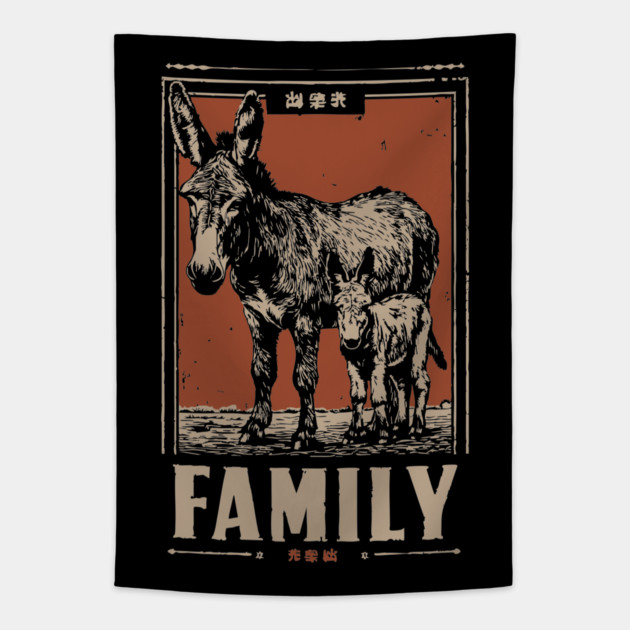 Donkey Family - Rustic Vintage Ukiyo-e Style Tapestry by TuncGK