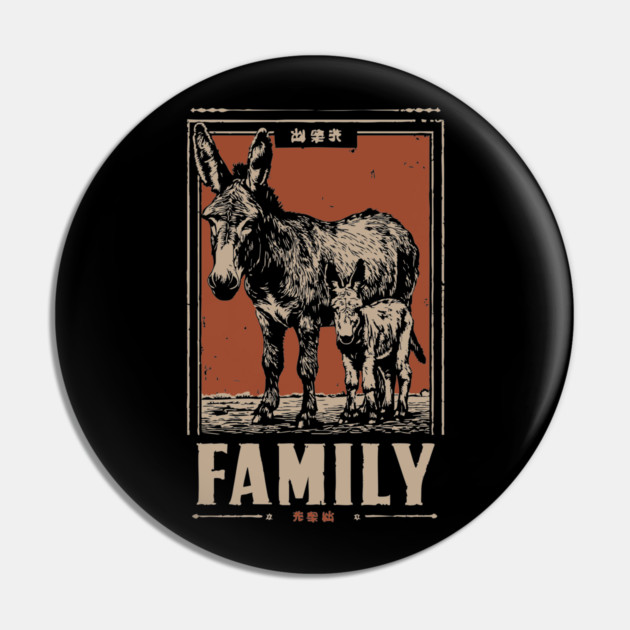 Donkey Family - Rustic Vintage Ukiyo-e Style Pin by TuncGK